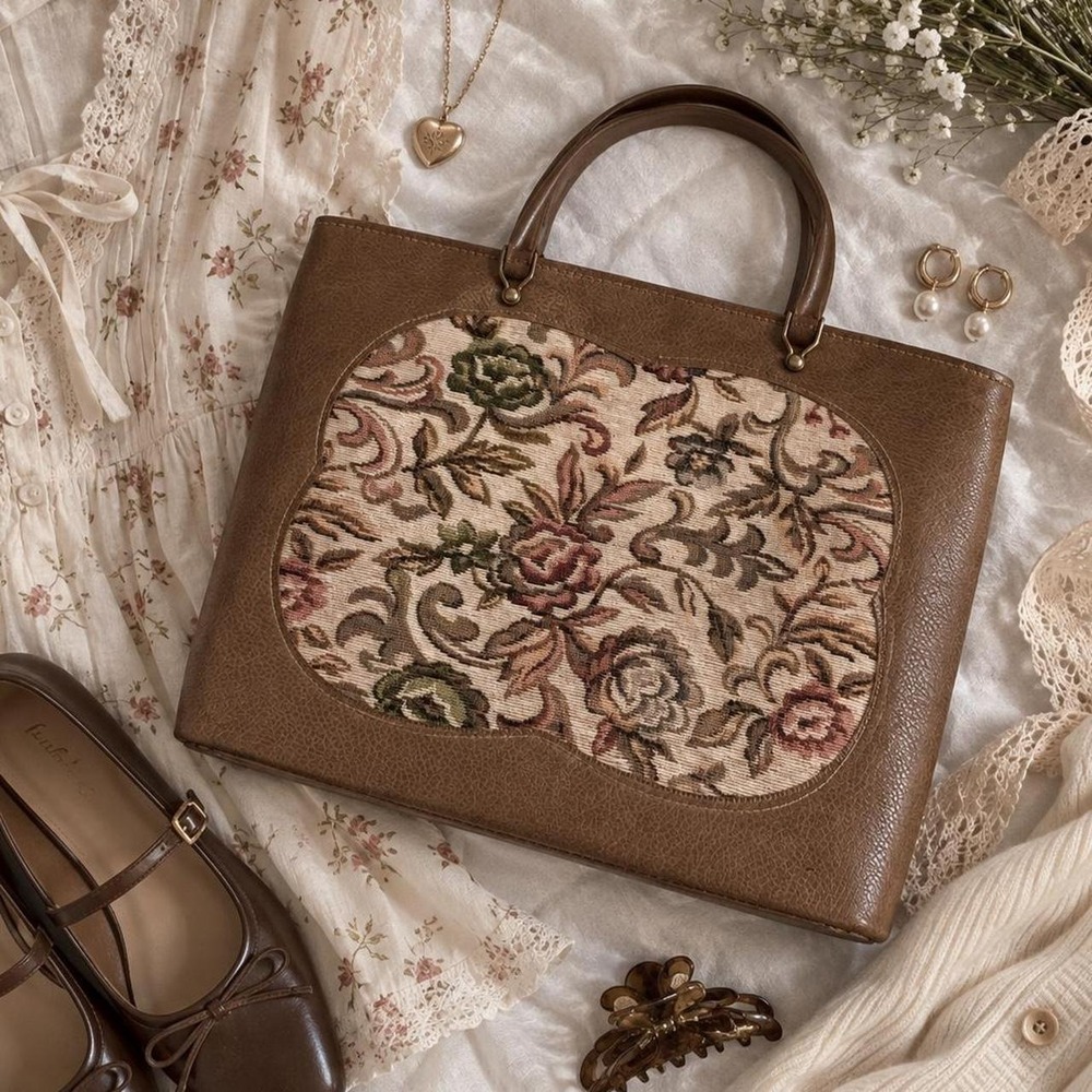 70s vintage brown faux leather floral tapestry tote bag